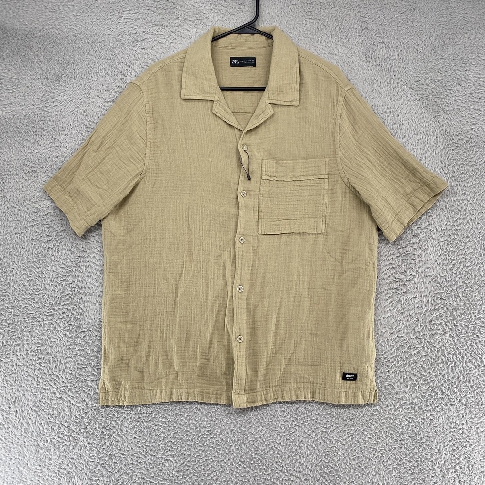 Zara Gauze Shirt Mens Medium Beige Crinkle Cotton Short Sleeve Beach Button Up